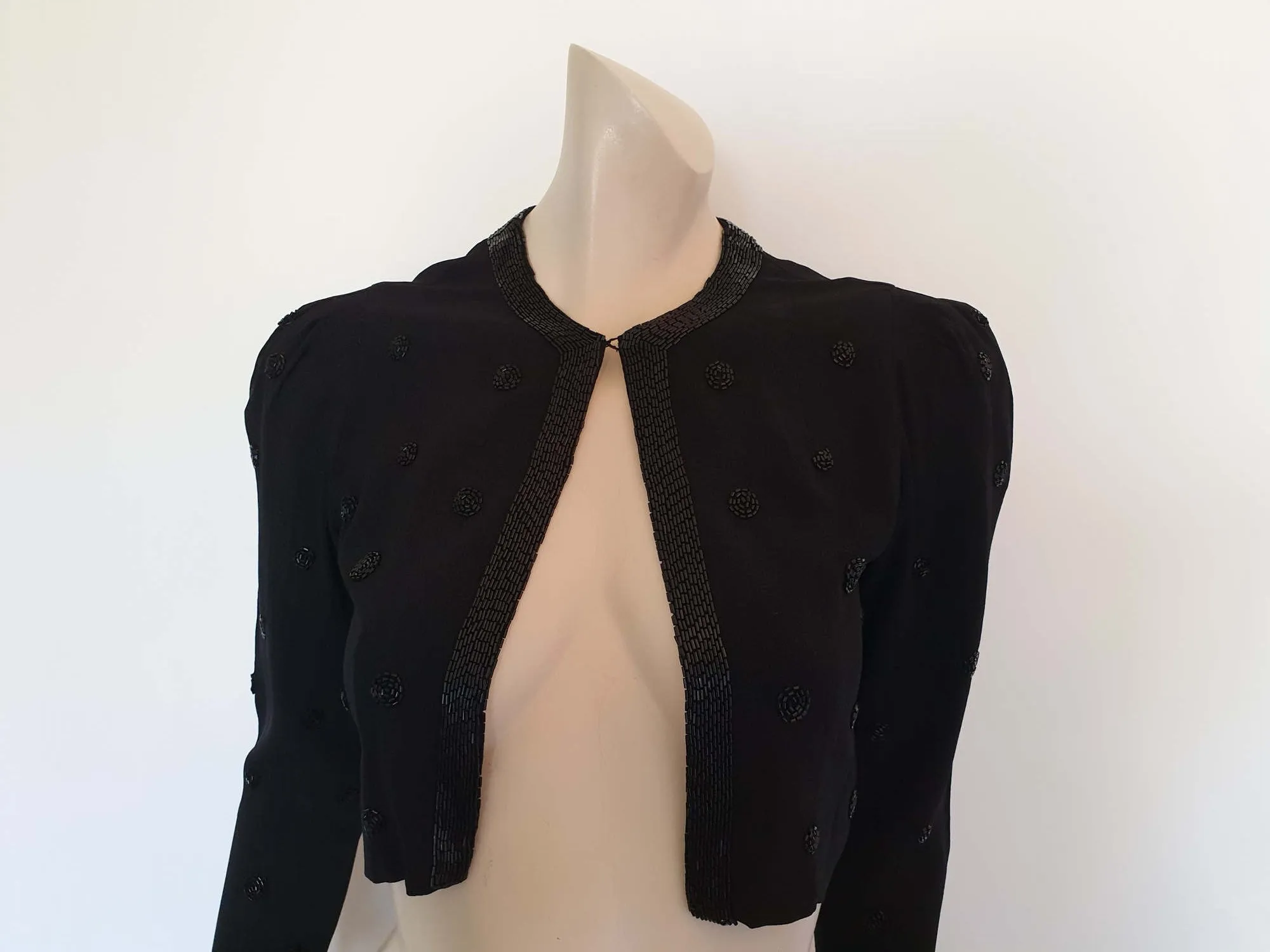 1940s Cropped Black Beaded Jacket - Bust 86 cm