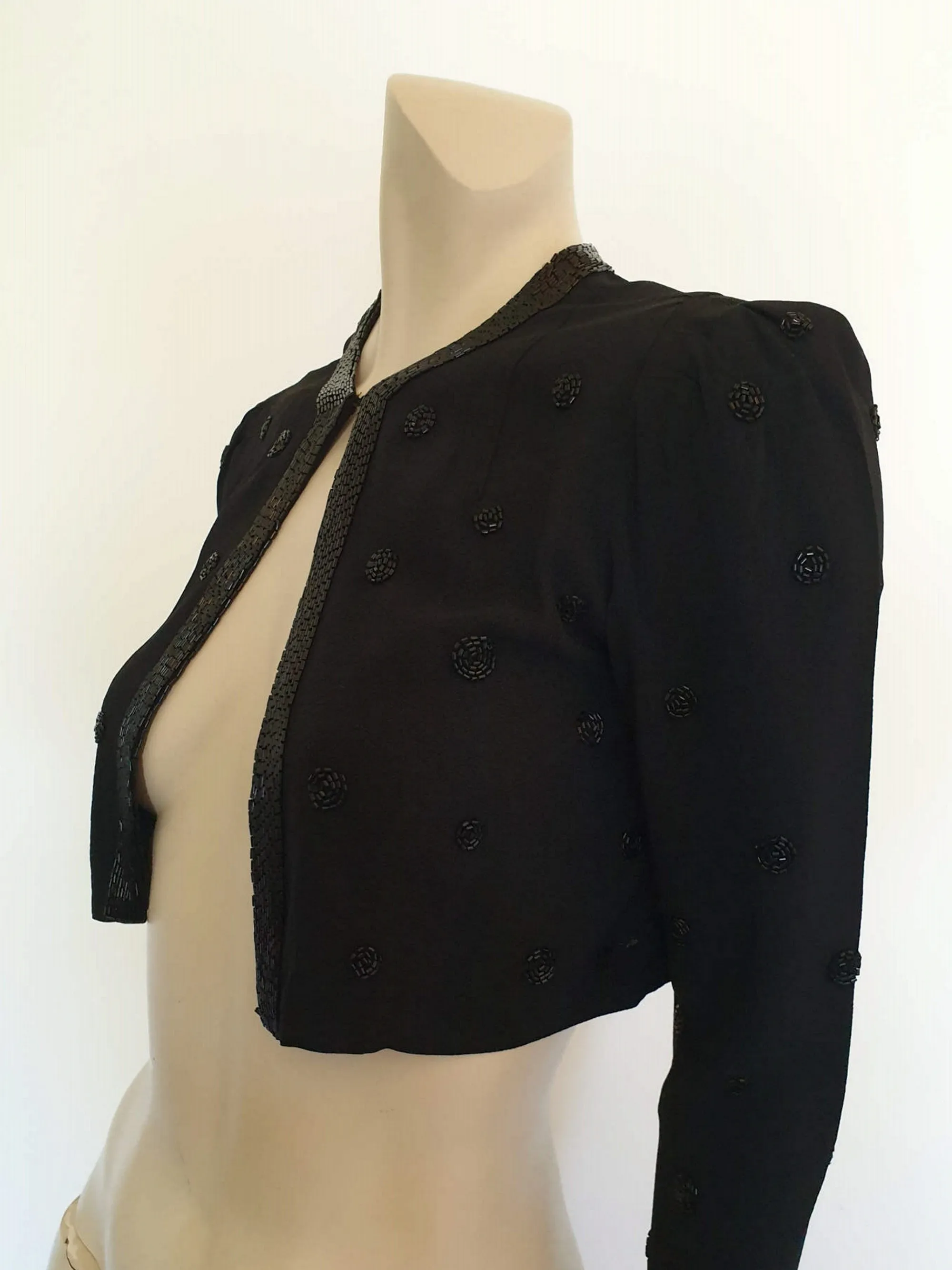 1940s Cropped Black Beaded Jacket - Bust 86 cm