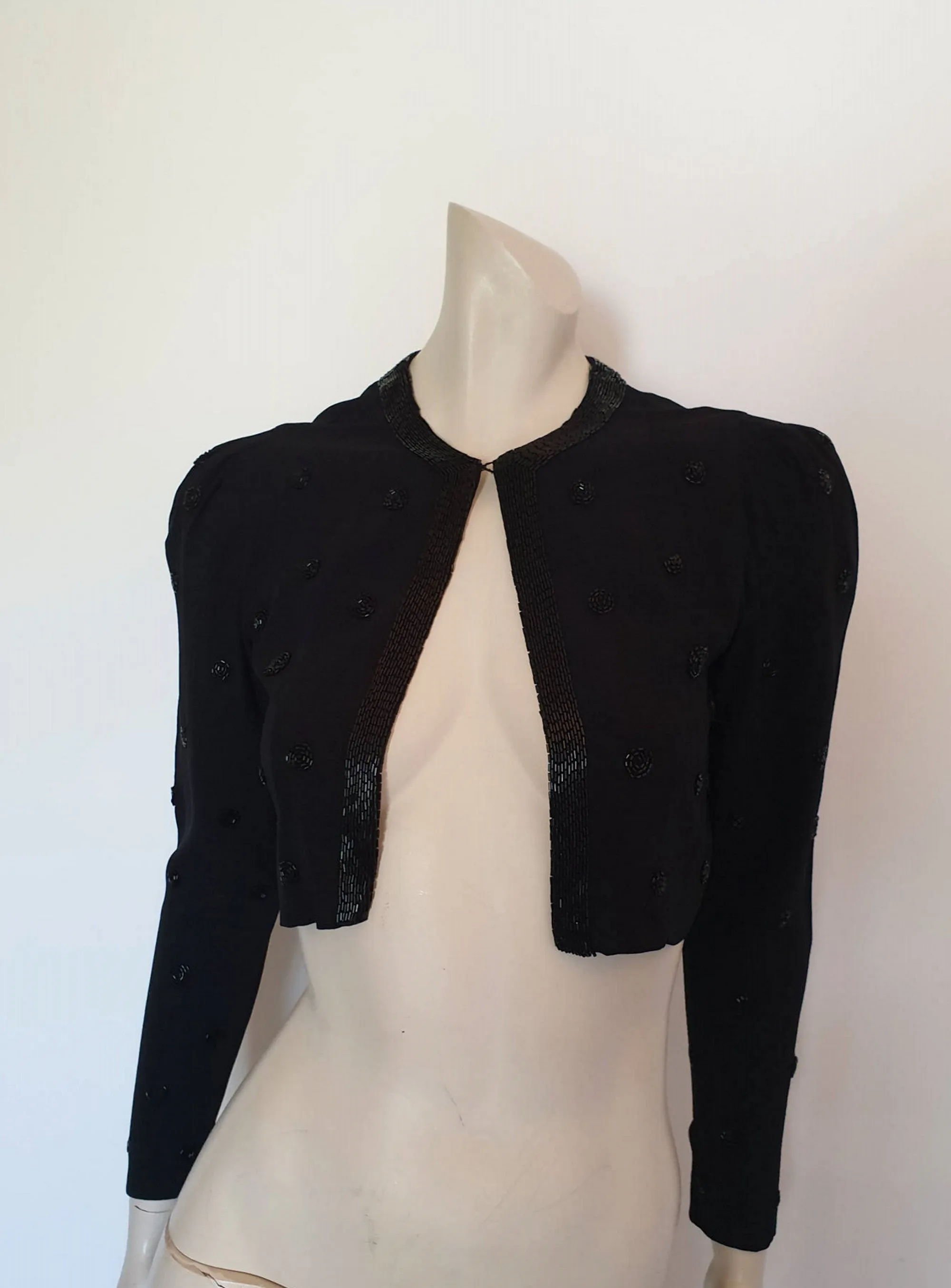 1940s Cropped Black Beaded Jacket - Bust 86 cm