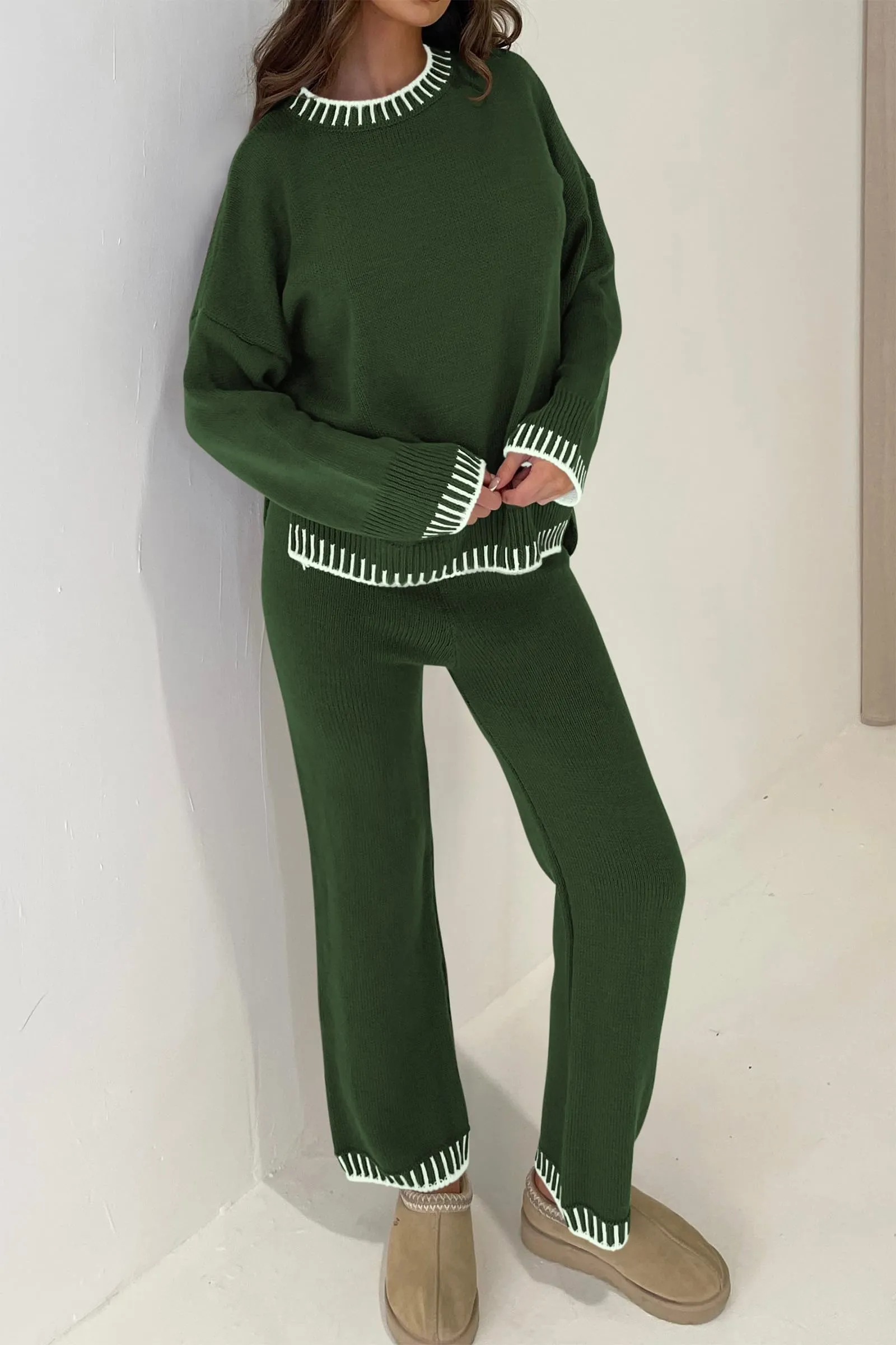 2 Piece Knitted Casual Long Sleeve Pullover Wide Leg Pant Set