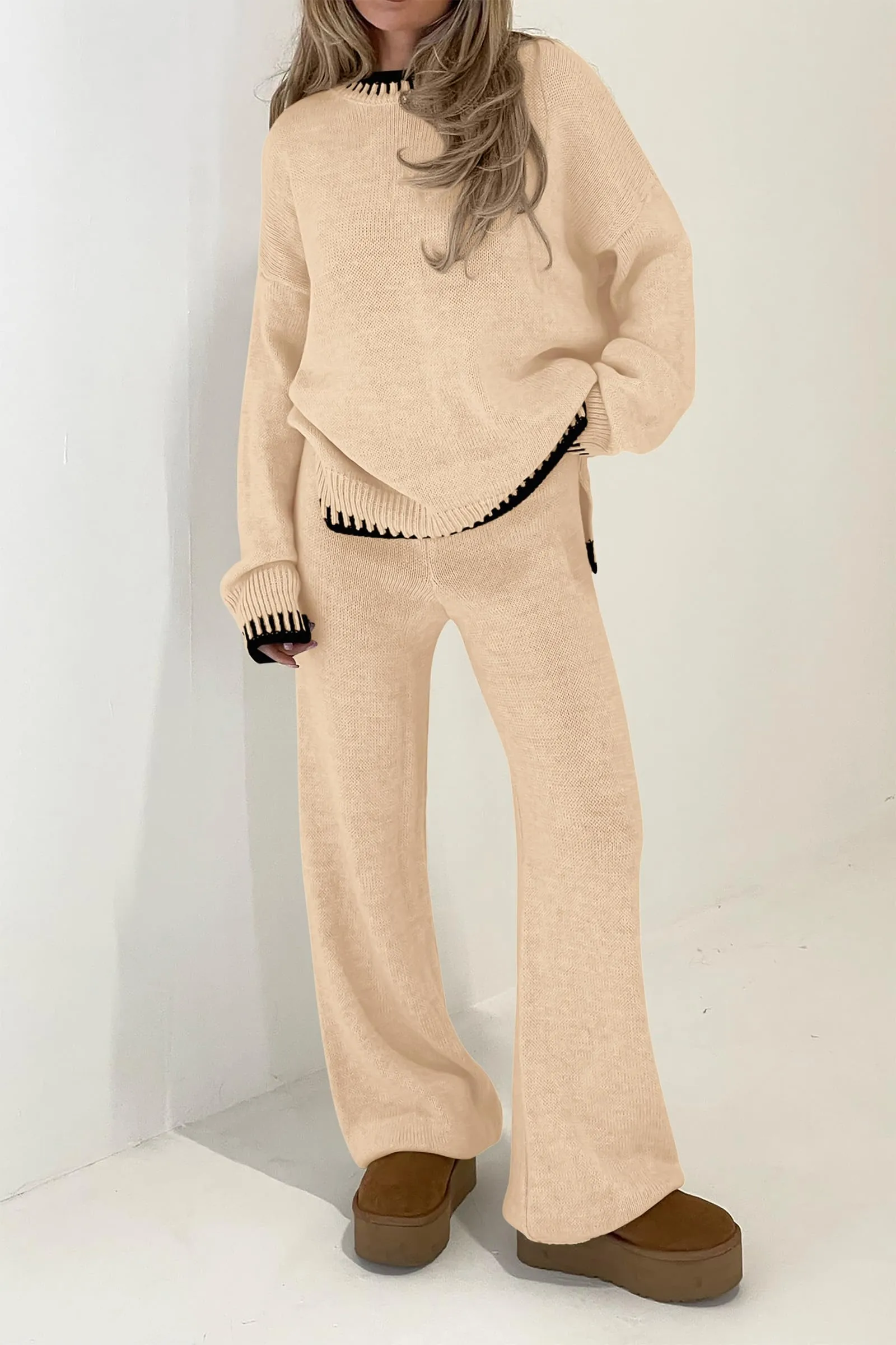 2 Piece Knitted Casual Long Sleeve Pullover Wide Leg Pant Set