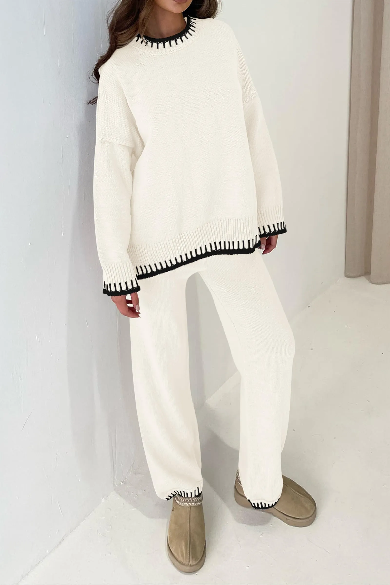 2 Piece Knitted Casual Long Sleeve Pullover Wide Leg Pant Set