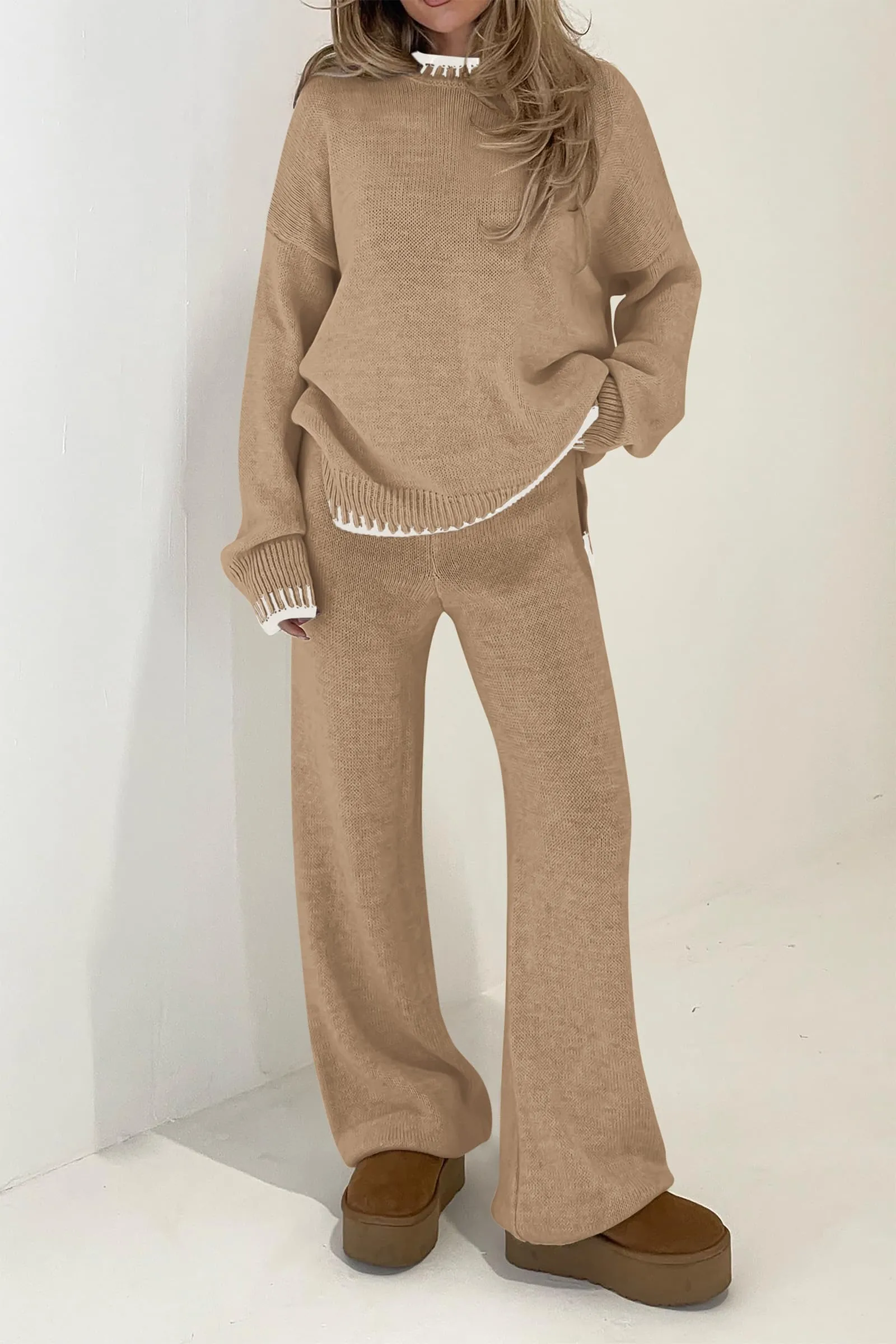 2 Piece Knitted Casual Long Sleeve Pullover Wide Leg Pant Set