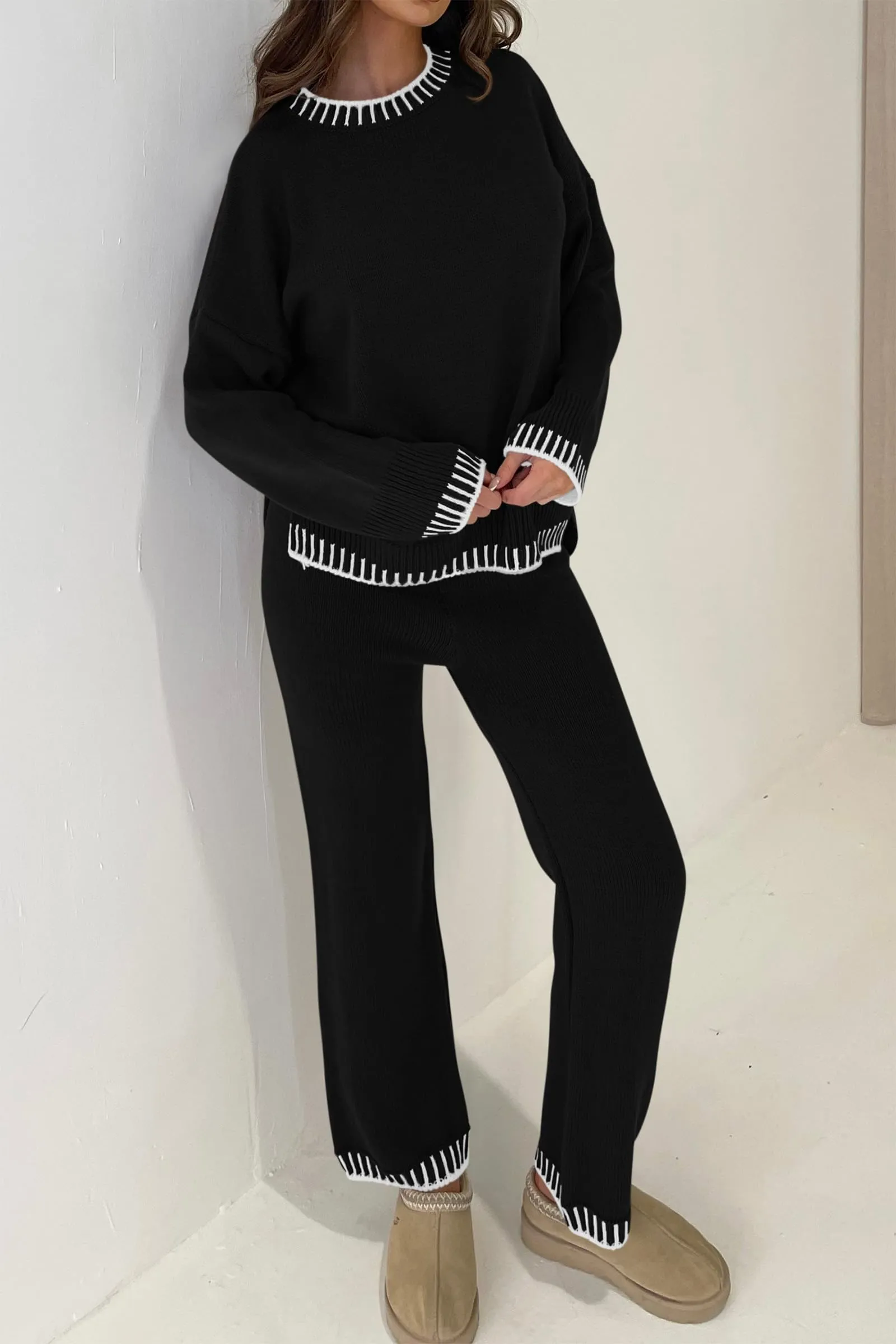 2 Piece Knitted Casual Long Sleeve Pullover Wide Leg Pant Set