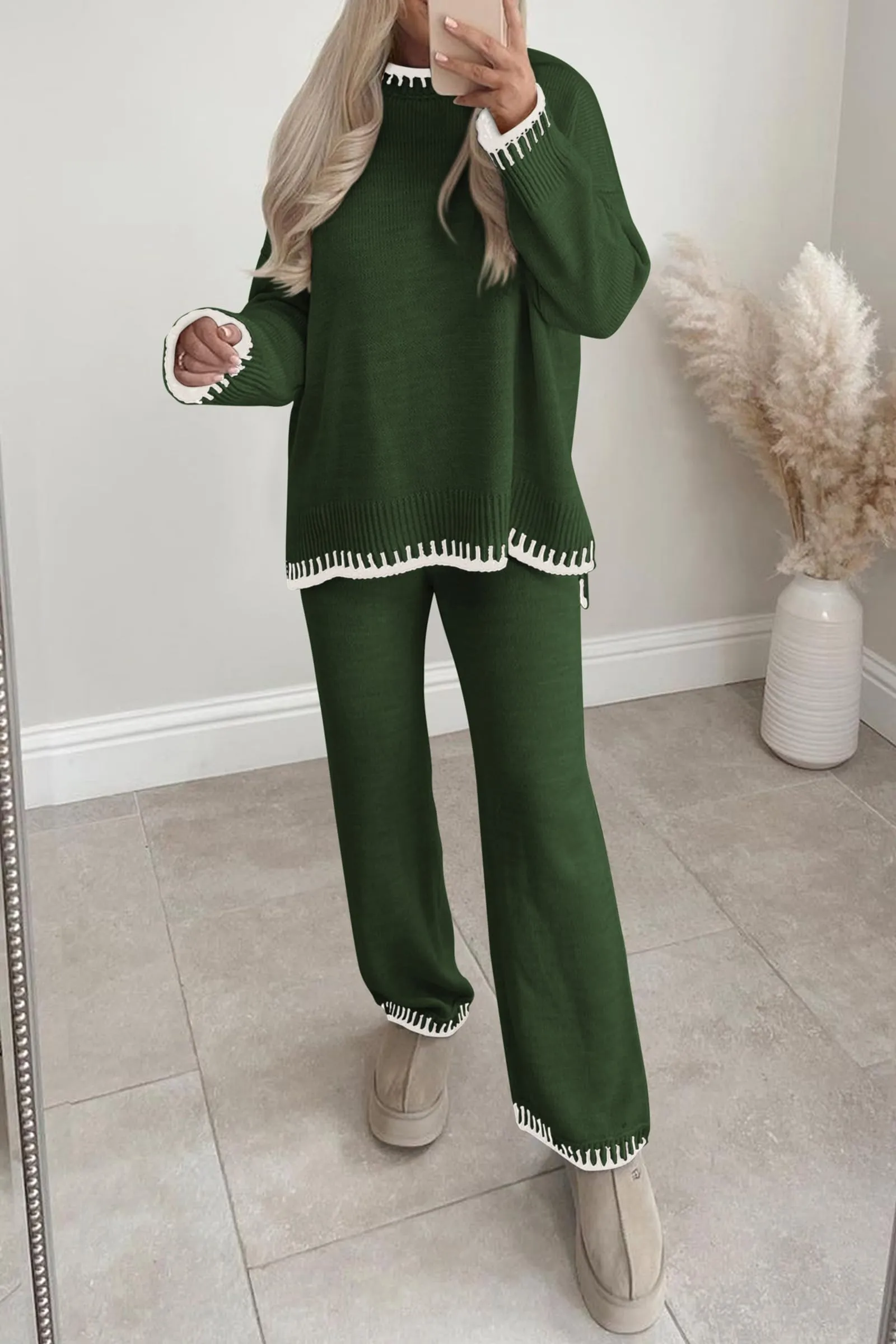 2 Piece Knitted Casual Long Sleeve Pullover Wide Leg Pant Set