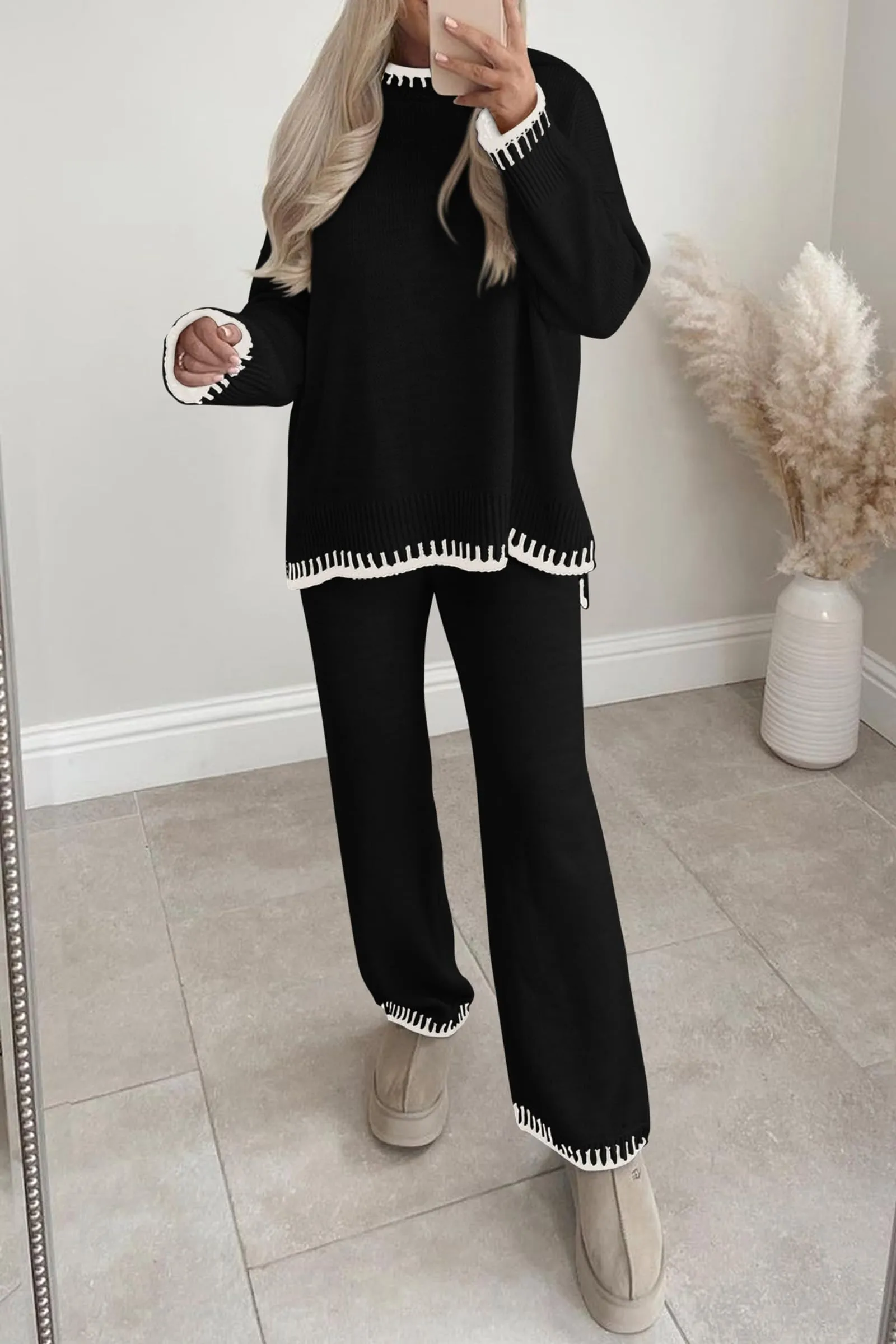 2 Piece Knitted Casual Long Sleeve Pullover Wide Leg Pant Set