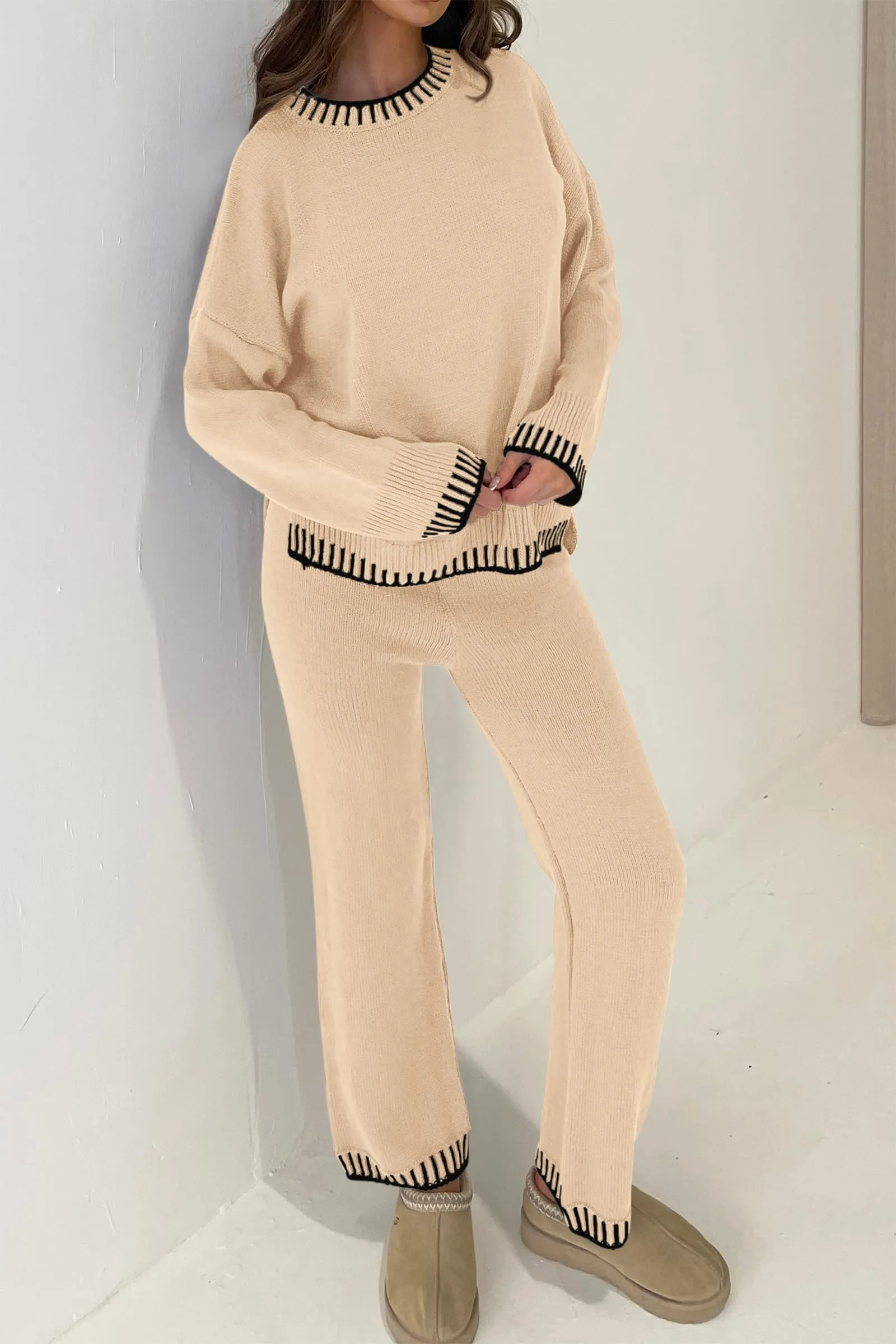 2 Piece Knitted Casual Long Sleeve Pullover Wide Leg Pant Set