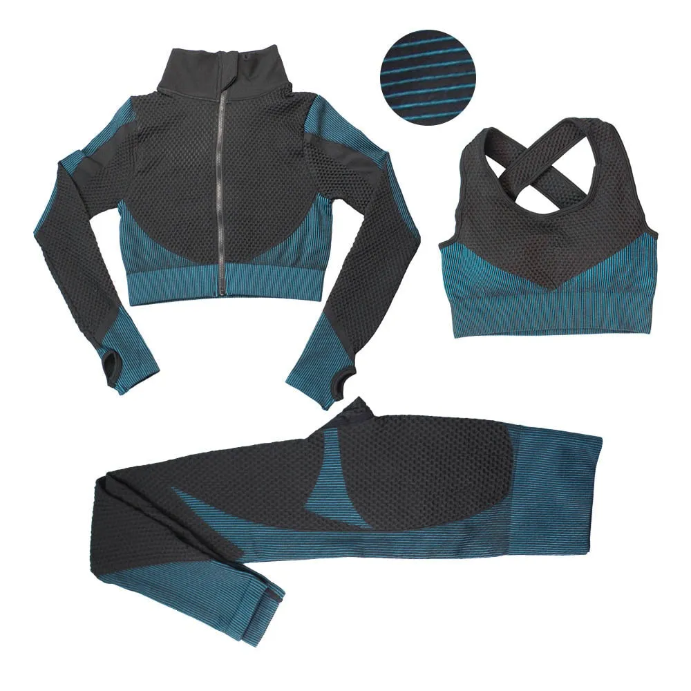 2/3 Pieces Seamless Women Yoga Set Fitness Crop Top Bra Zipper Long Sleeve Jacket High-Waisted Tight Pants Gym Exercise Clothing