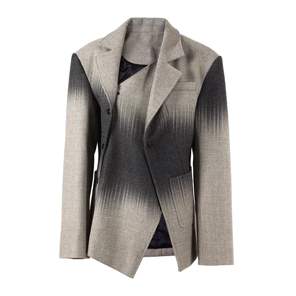 Asymmetrical Button Up Gradient Print Strong Shoulder Quilted Tweed Blazer