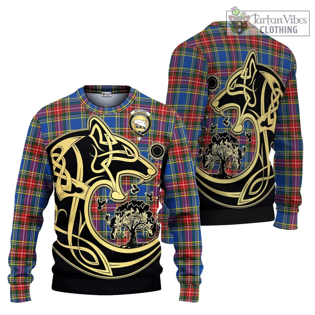 Bethune Tartan Ugly Sweater with Family Crest Celtic Wolf Style