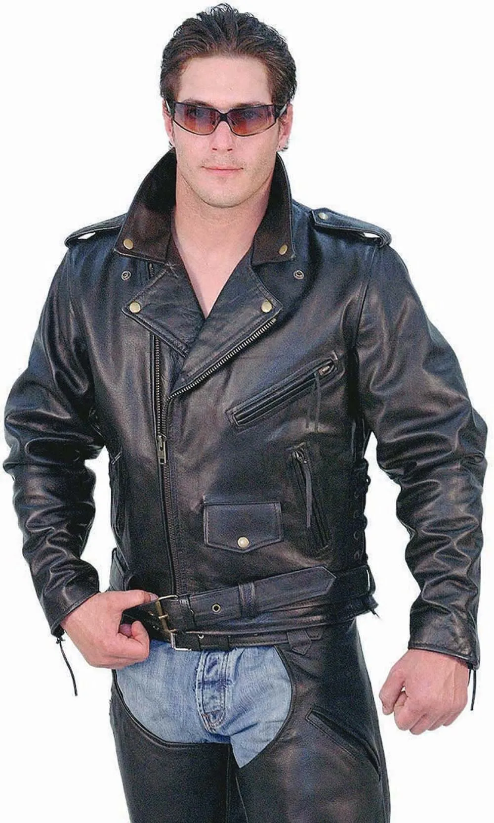 Black Highway Patrol Leather Jacket w/Long Back #M461Z