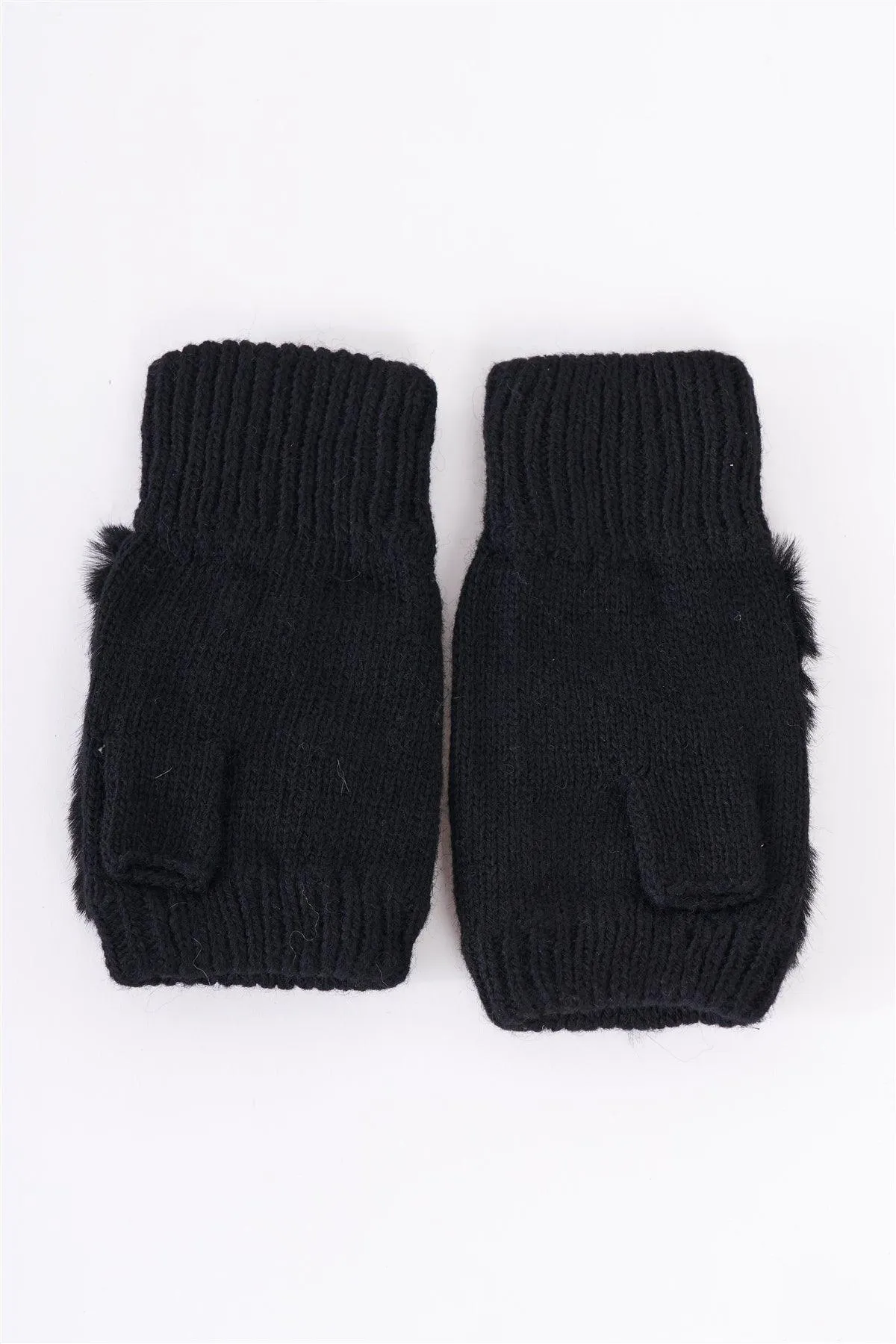 Black Knit Furry Fingerless Pearl Detail Winter Gloves /3 Pieces