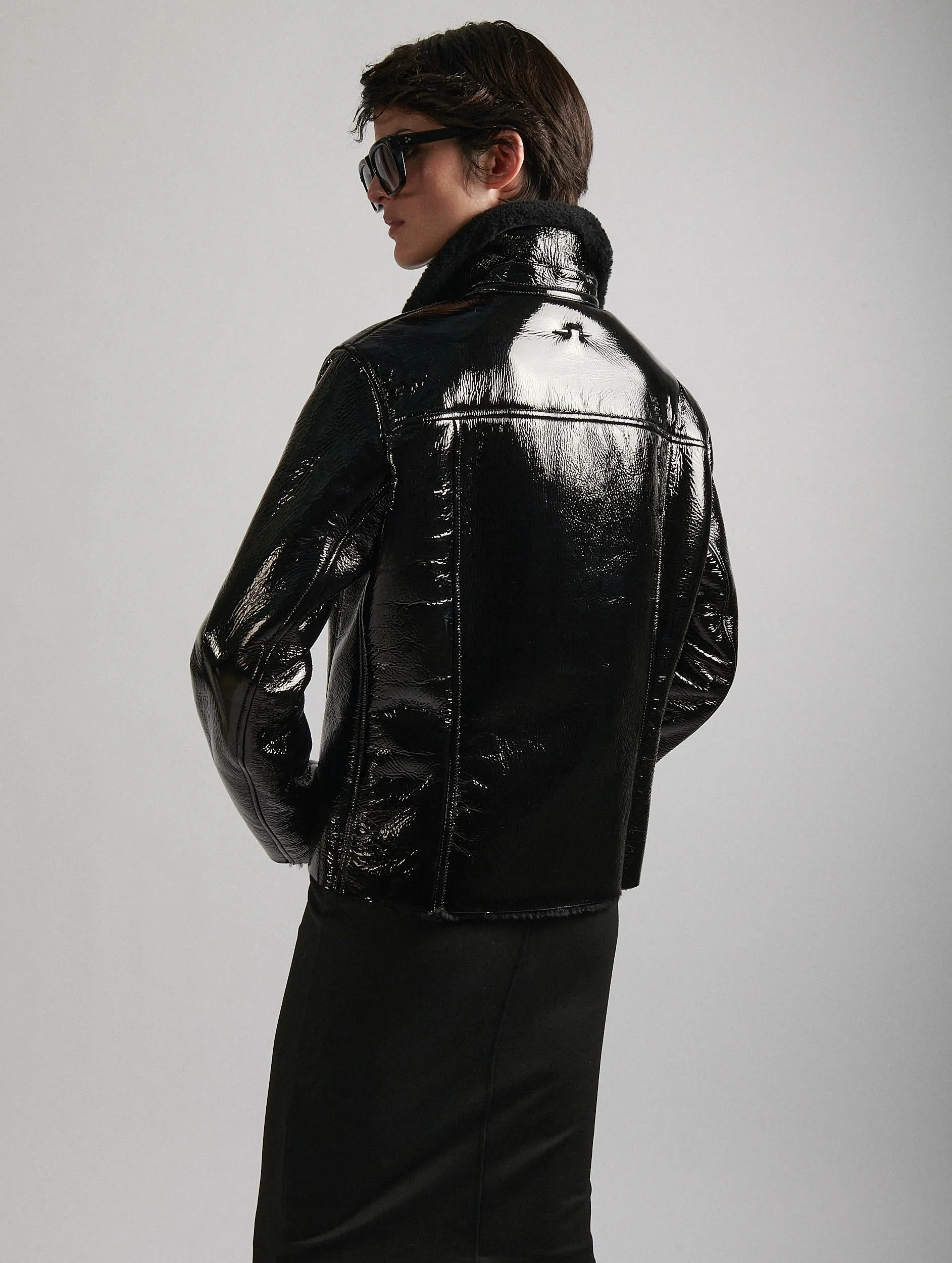 Black naplack shearling biker jacket