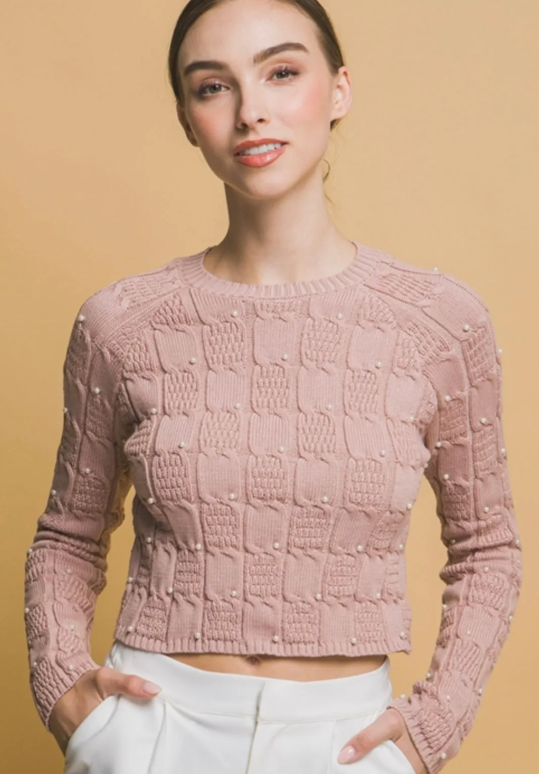 Blush Pearl Detail Crop Sweater