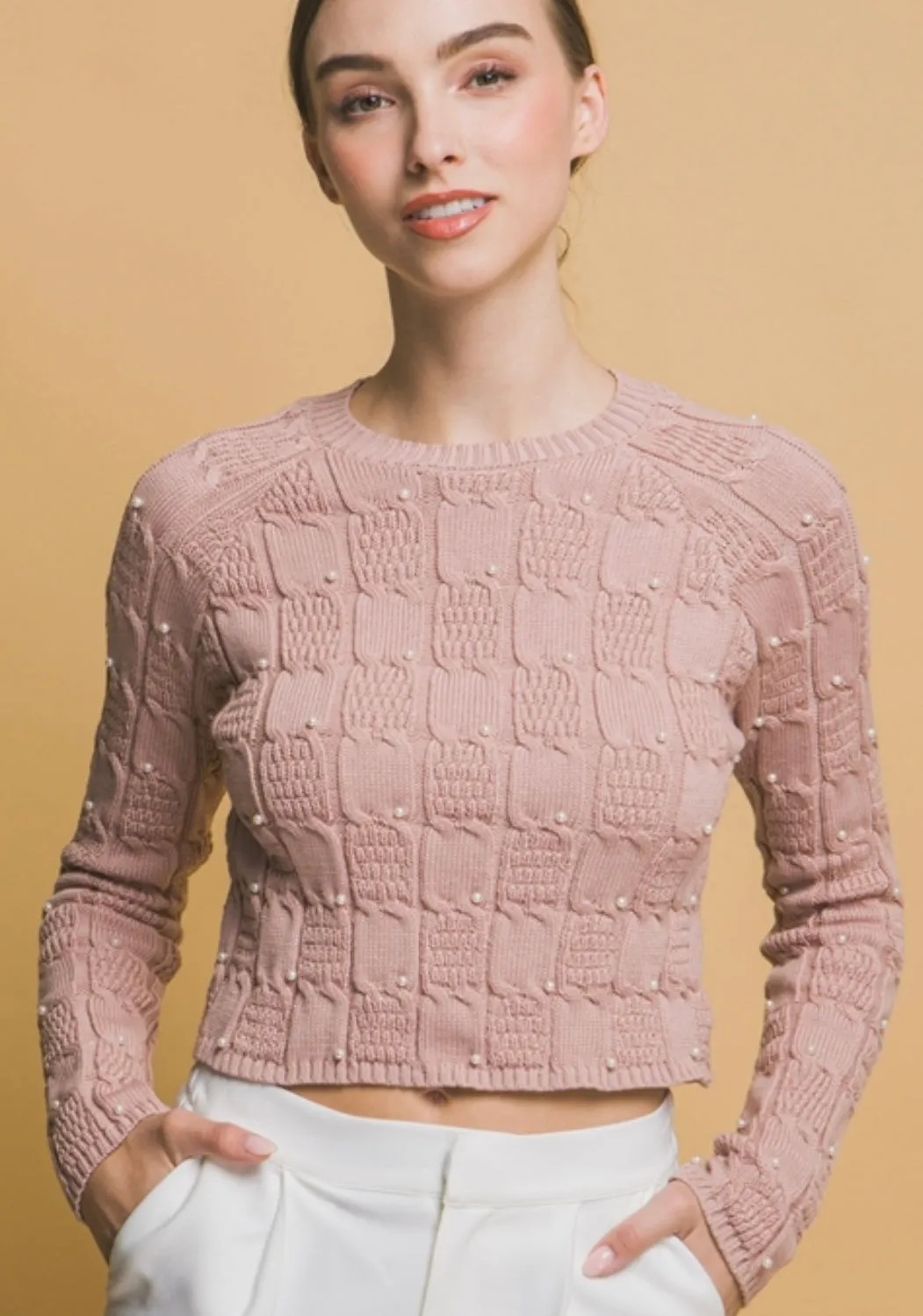 Blush Pearl Detail Crop Sweater