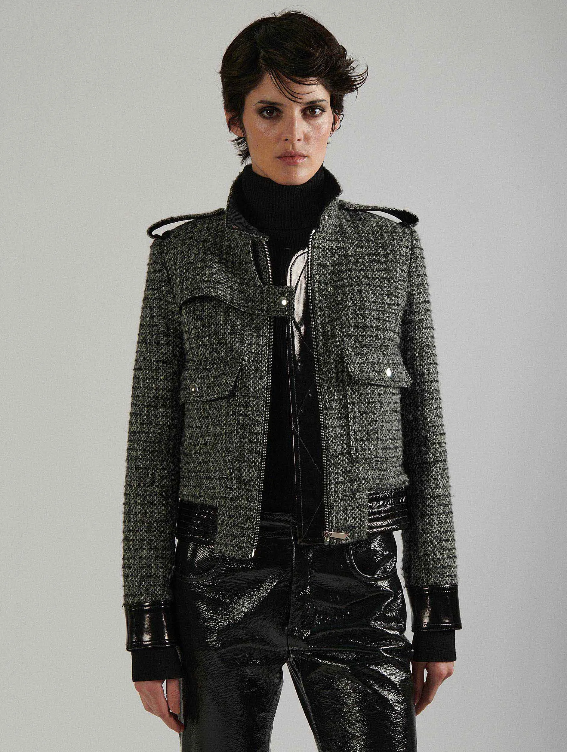 Bouclette tweed and patent leather jacket