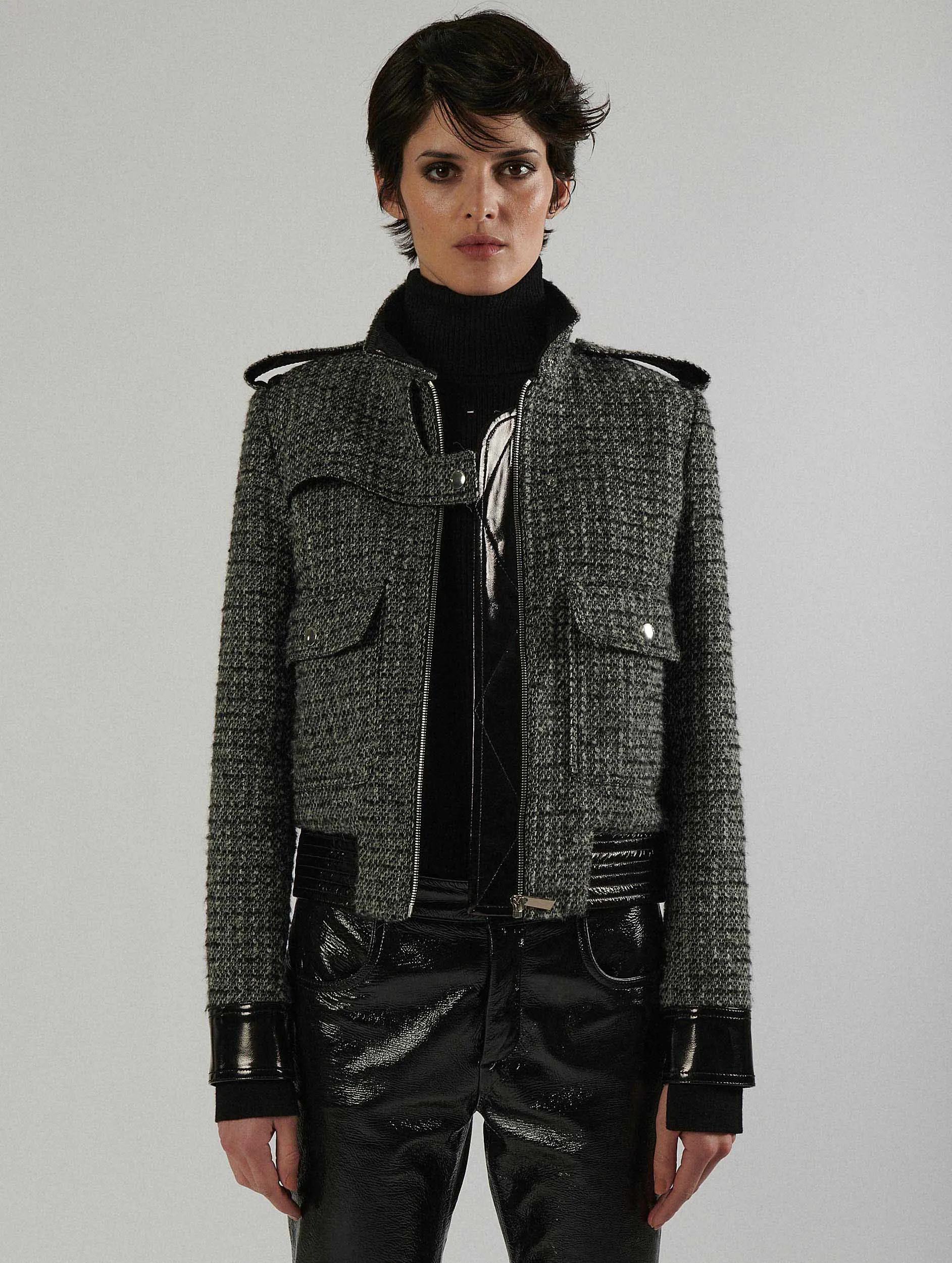 Bouclette tweed and patent leather jacket