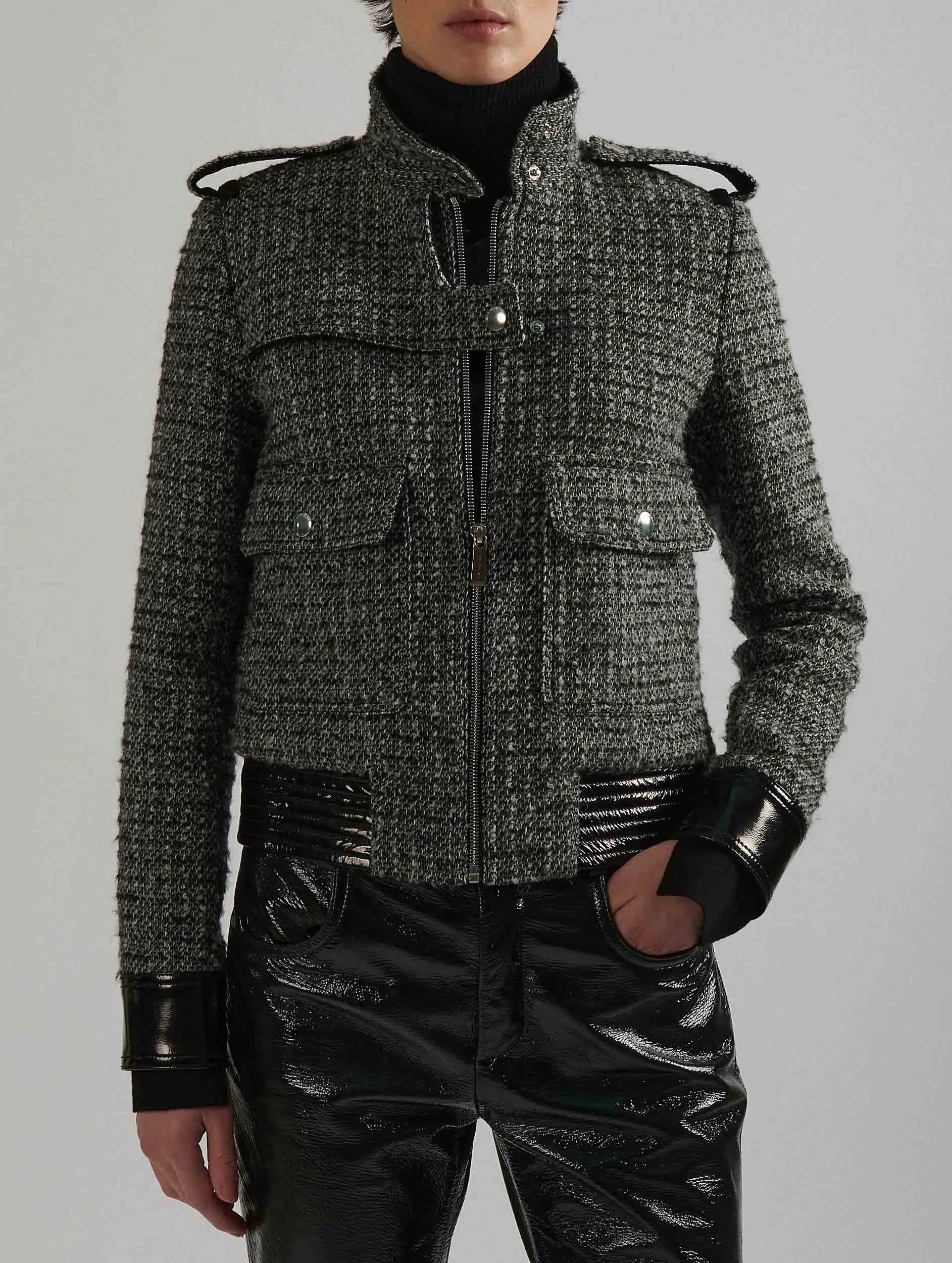 Bouclette tweed and patent leather jacket