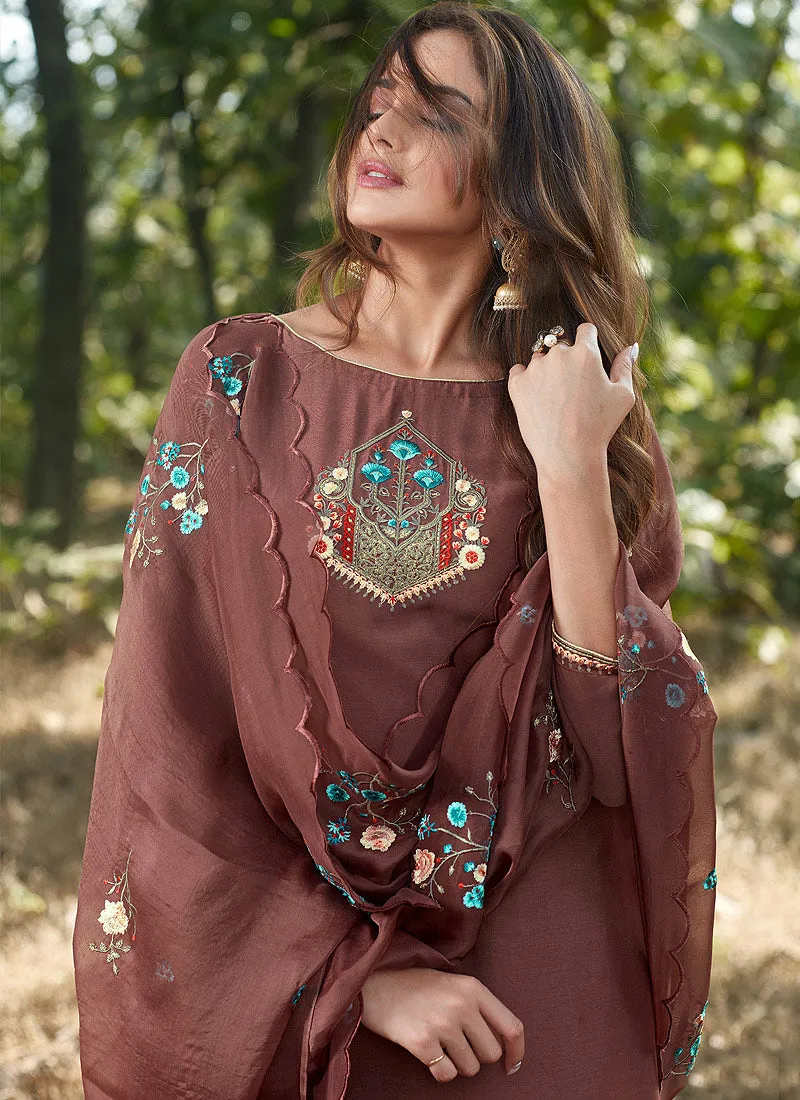 Brown Embroidered Cotton Silk Pants Style Suit