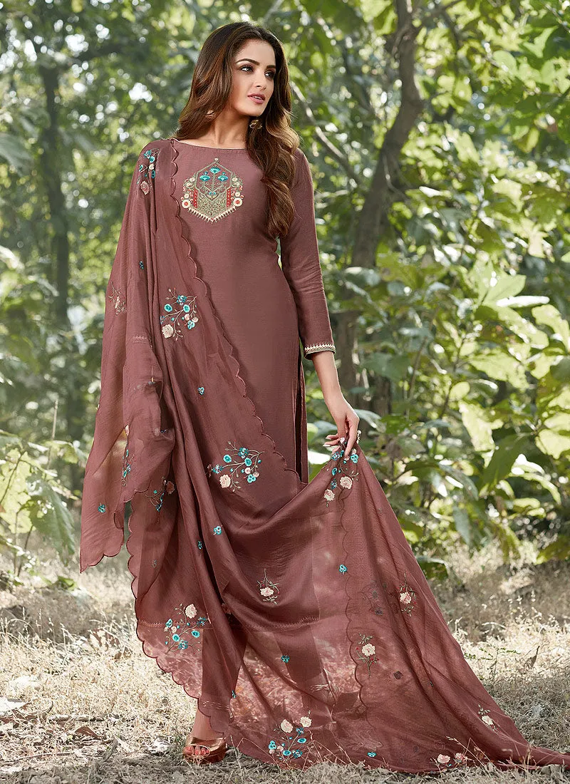 Brown Embroidered Cotton Silk Pants Style Suit