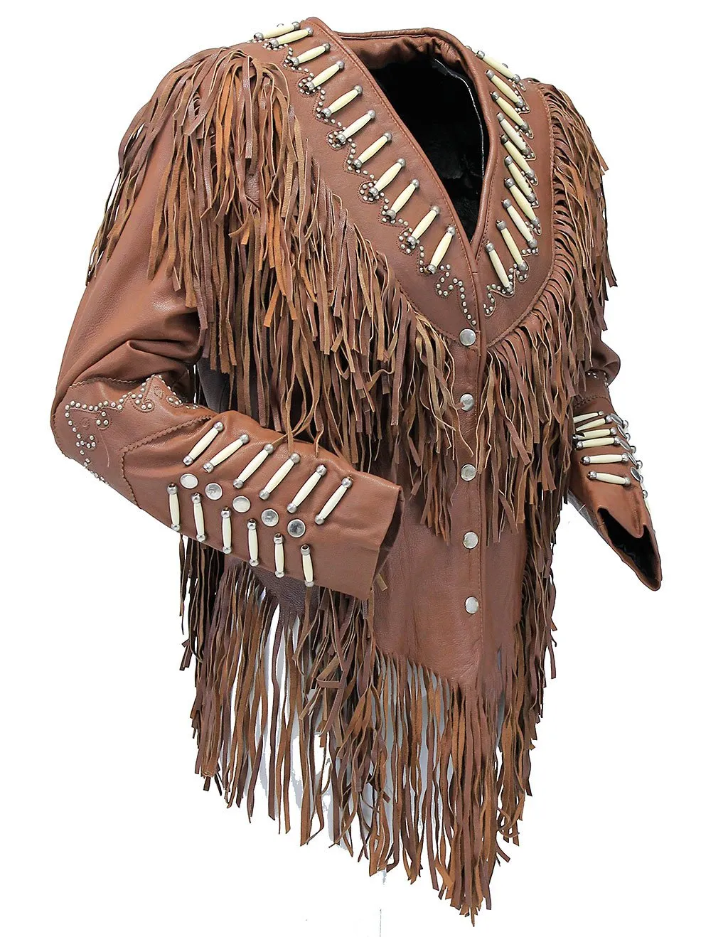 Brown Fringe Jacket w/Bone Beads & Studding #L42521FBN ()