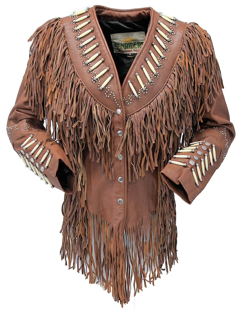 Brown Fringe Jacket w/Bone Beads & Studding #L42521FBN ()