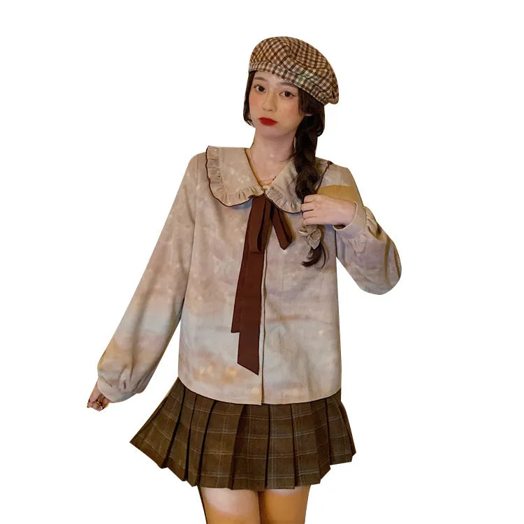 Brown kawaii college lolita doll shirt   tweed plaid skirt   cardigan sweater three piece set