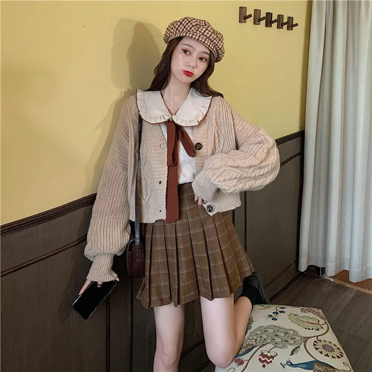 Brown kawaii college lolita doll shirt   tweed plaid skirt   cardigan sweater three piece set