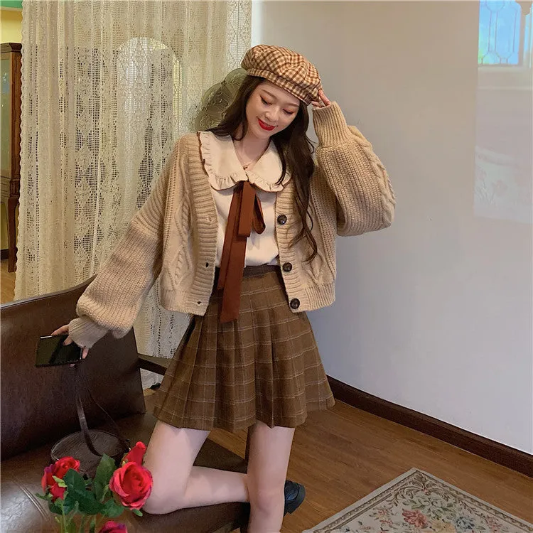 Brown kawaii college lolita doll shirt   tweed plaid skirt   cardigan sweater three piece set