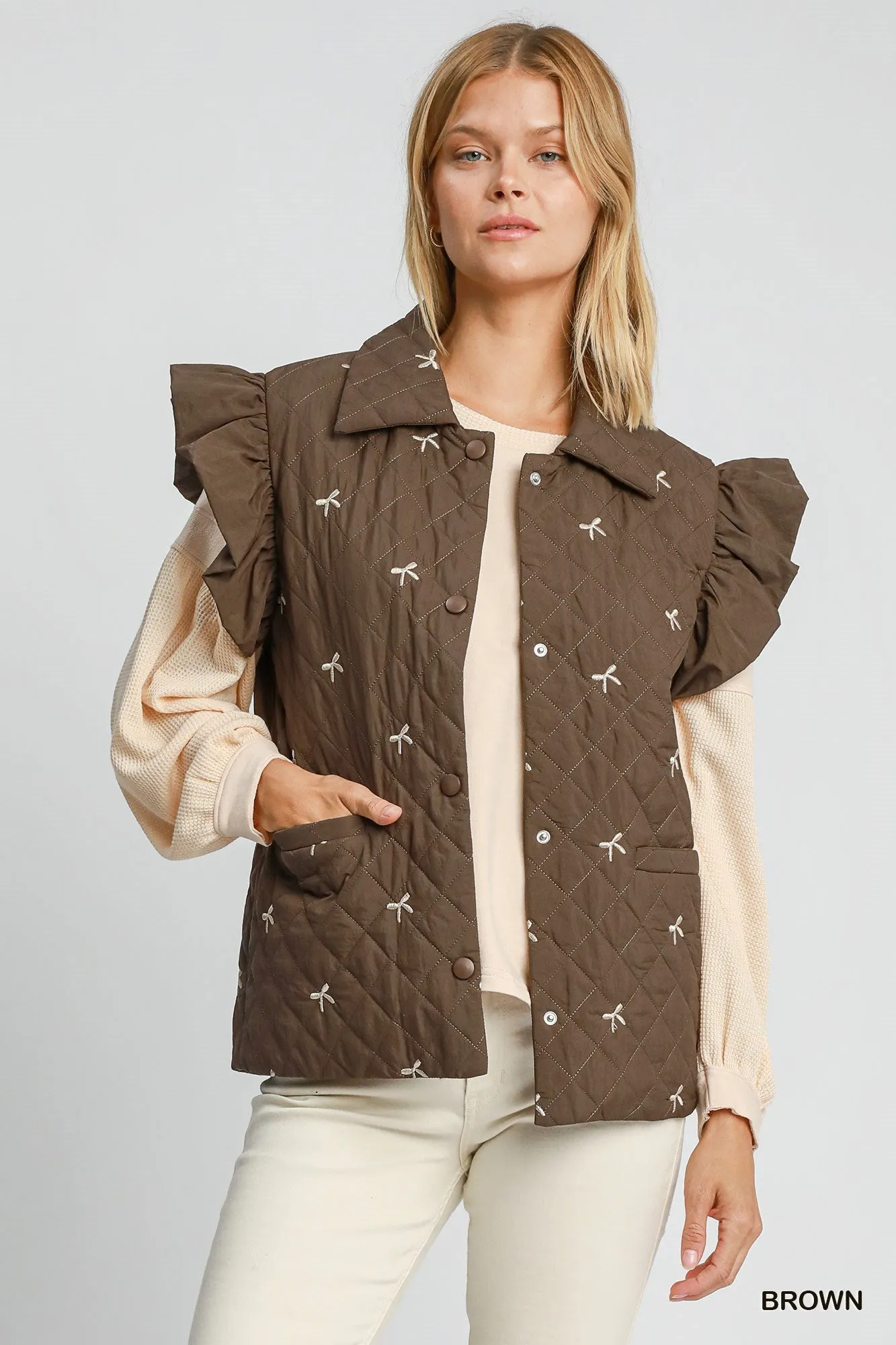 Brown w/ Khaki Ribbon Embroidery Quilted Vest Jacket