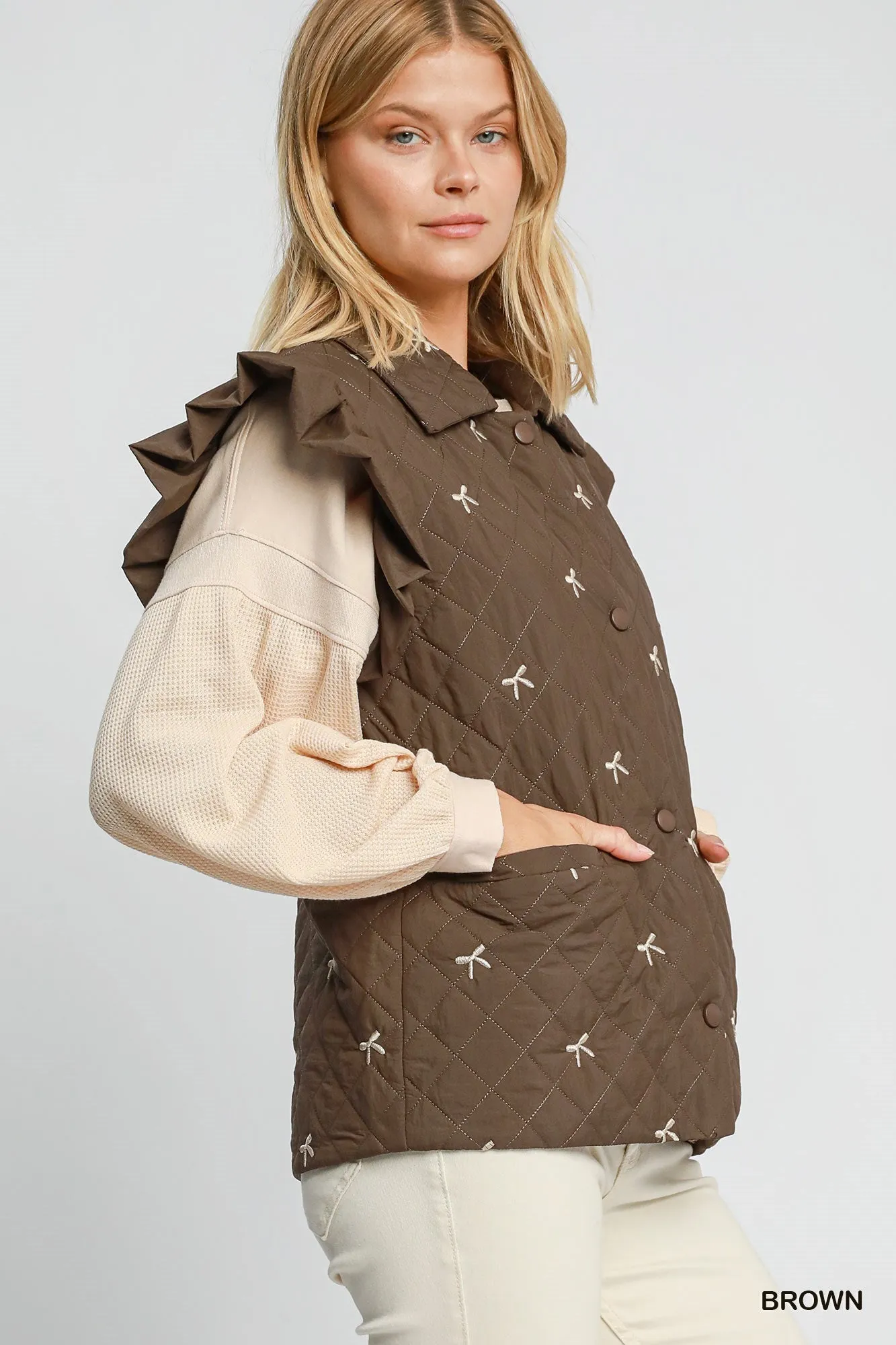 Brown w/ Khaki Ribbon Embroidery Quilted Vest Jacket