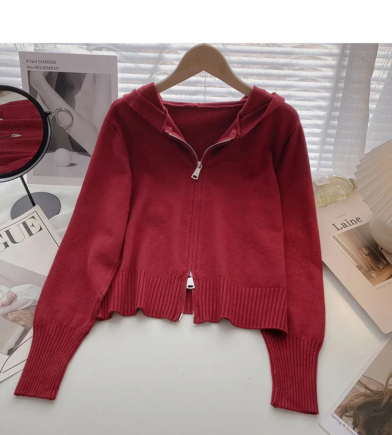 Cardigan knitted coat Long Sleeve hooded top  6578