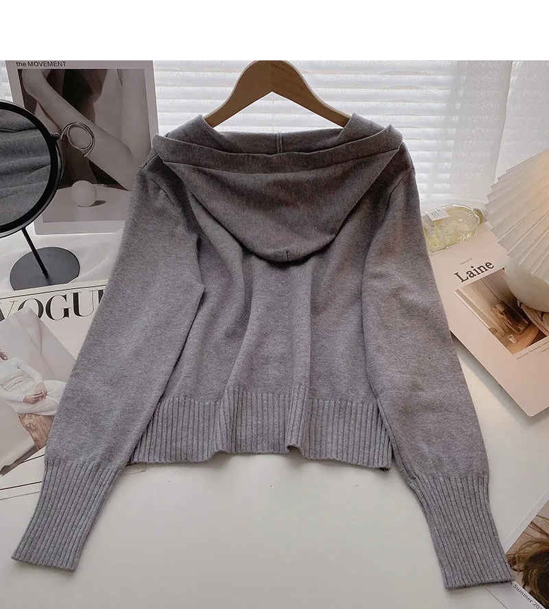 Cardigan knitted coat Long Sleeve hooded top  6578