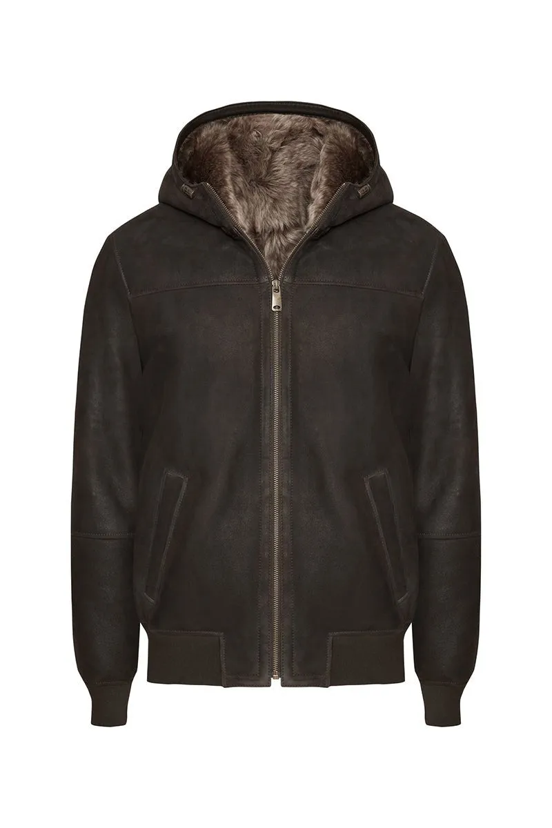 Carlo Men's Toscana Shearling Jacket with Hood - Cognac