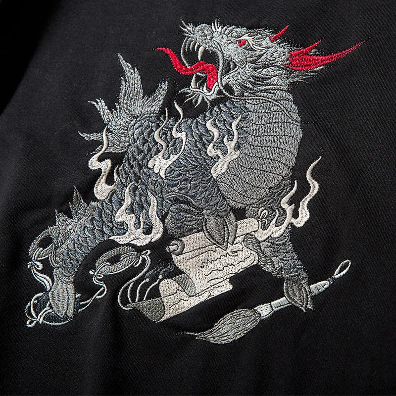 Chinese Dragon Embroidery Loose O Neck Streetwear Style Men Sweater