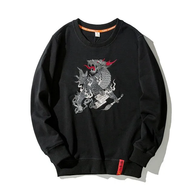 Chinese Dragon Embroidery Loose O Neck Streetwear Style Men Sweater