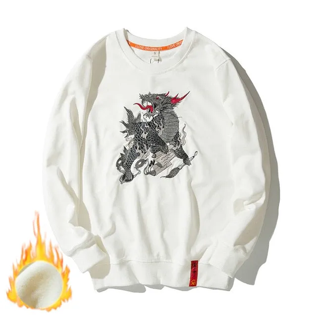 Chinese Dragon Embroidery Loose O Neck Streetwear Style Men Sweater