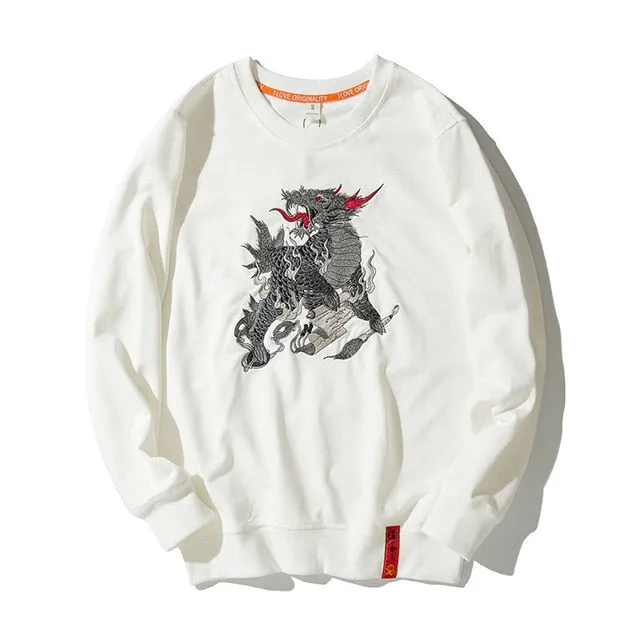 Chinese Dragon Embroidery Loose O Neck Streetwear Style Men Sweater