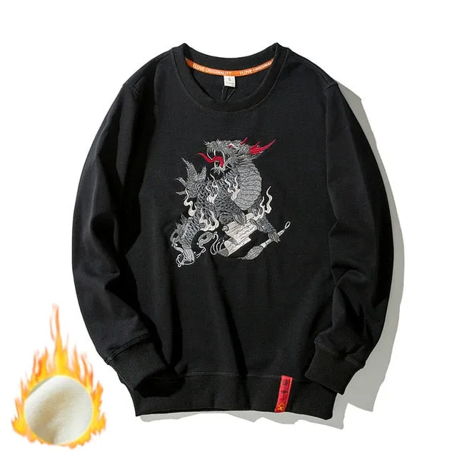 Chinese Dragon Embroidery Loose O Neck Streetwear Style Men Sweater