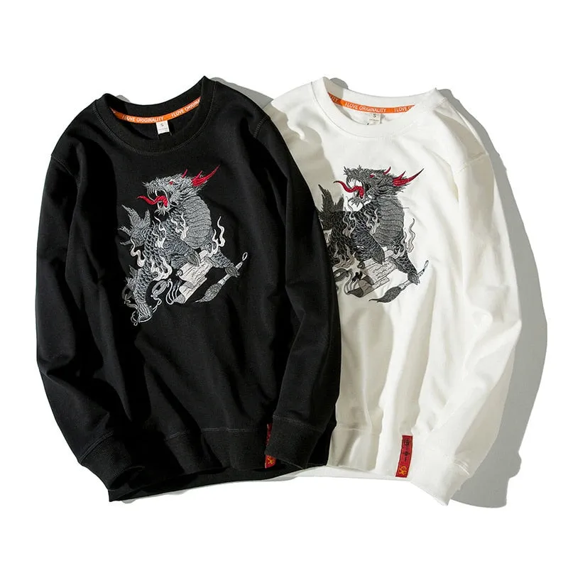 Chinese Dragon Embroidery Loose O Neck Streetwear Style Men Sweater