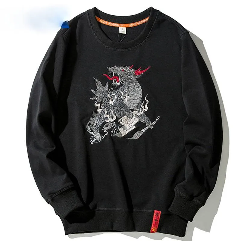 Chinese Dragon Embroidery Loose O Neck Streetwear Style Men Sweater