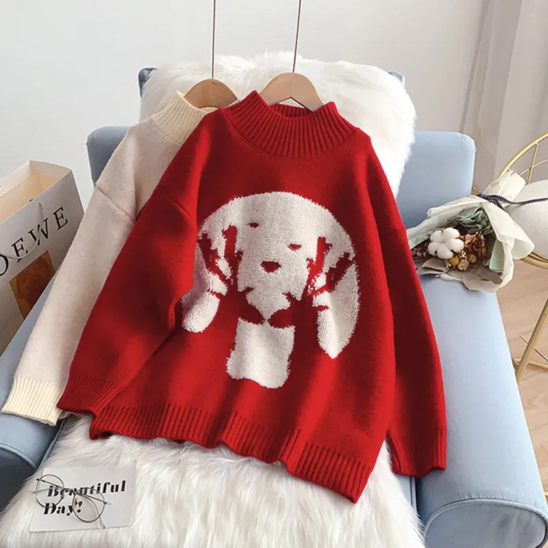 Christmas theme turtleneck sweater loose lazy style  5131