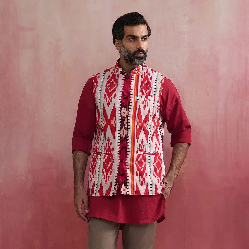 Cotton Ikat Print Nehru Jacket | Maroon | Reversible