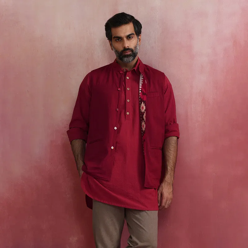 Cotton Ikat Print Nehru Jacket | Maroon | Reversible