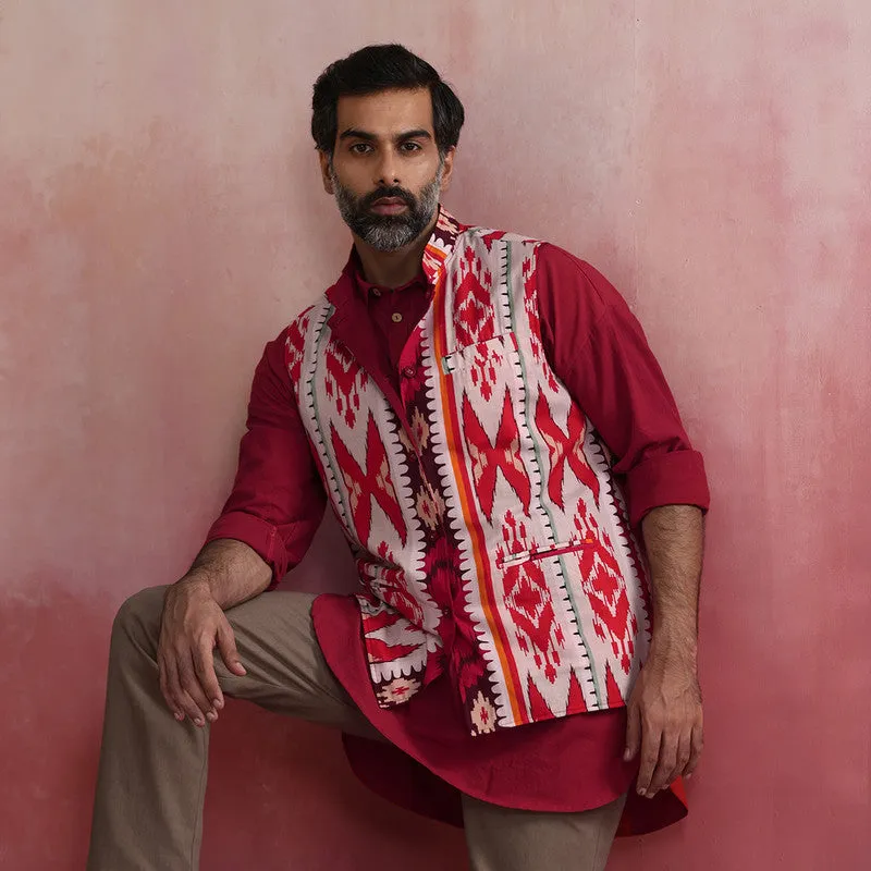 Cotton Ikat Print Nehru Jacket | Maroon | Reversible