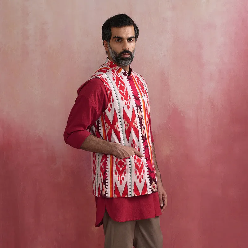 Cotton Ikat Print Nehru Jacket | Maroon | Reversible