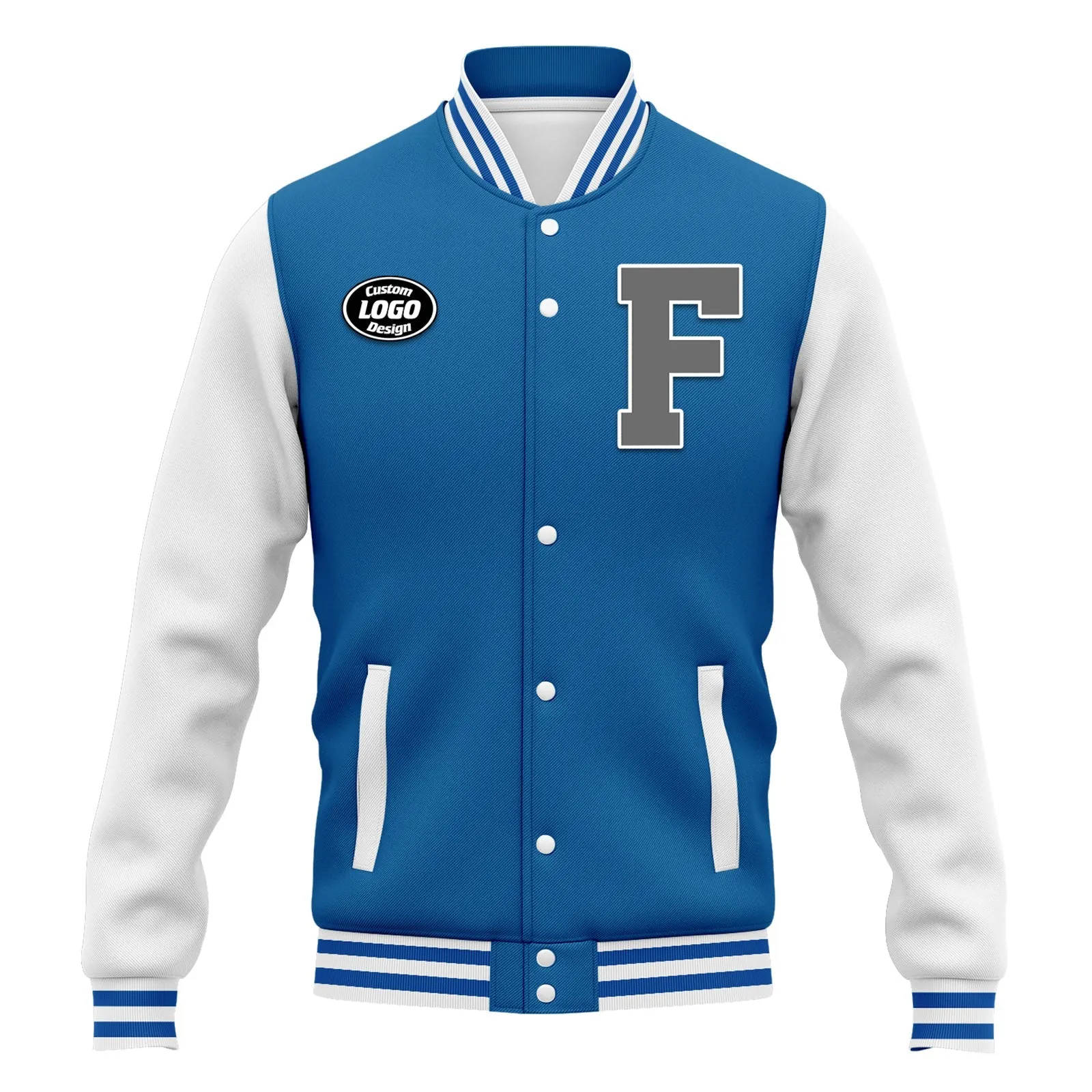 Custom Blue White Jacket Bomber Full-Snap Varsity Letterman Personalized Jacket FZ005-D020255-2