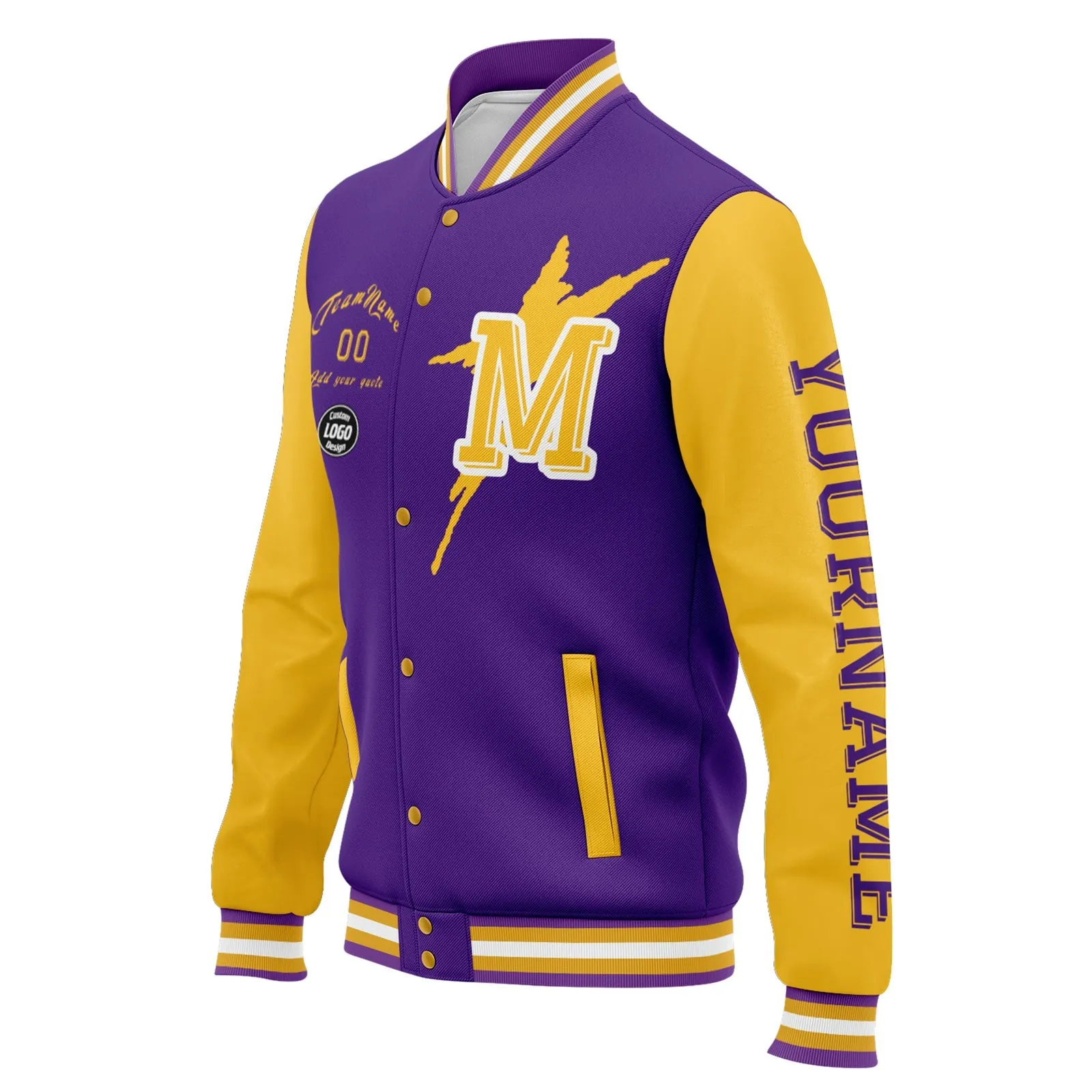 Custom Purple Yellow Minnesota Jacket Bomber Full-Snap Varsity Letterman Personalized Jacket FZ005SX-D020290-17