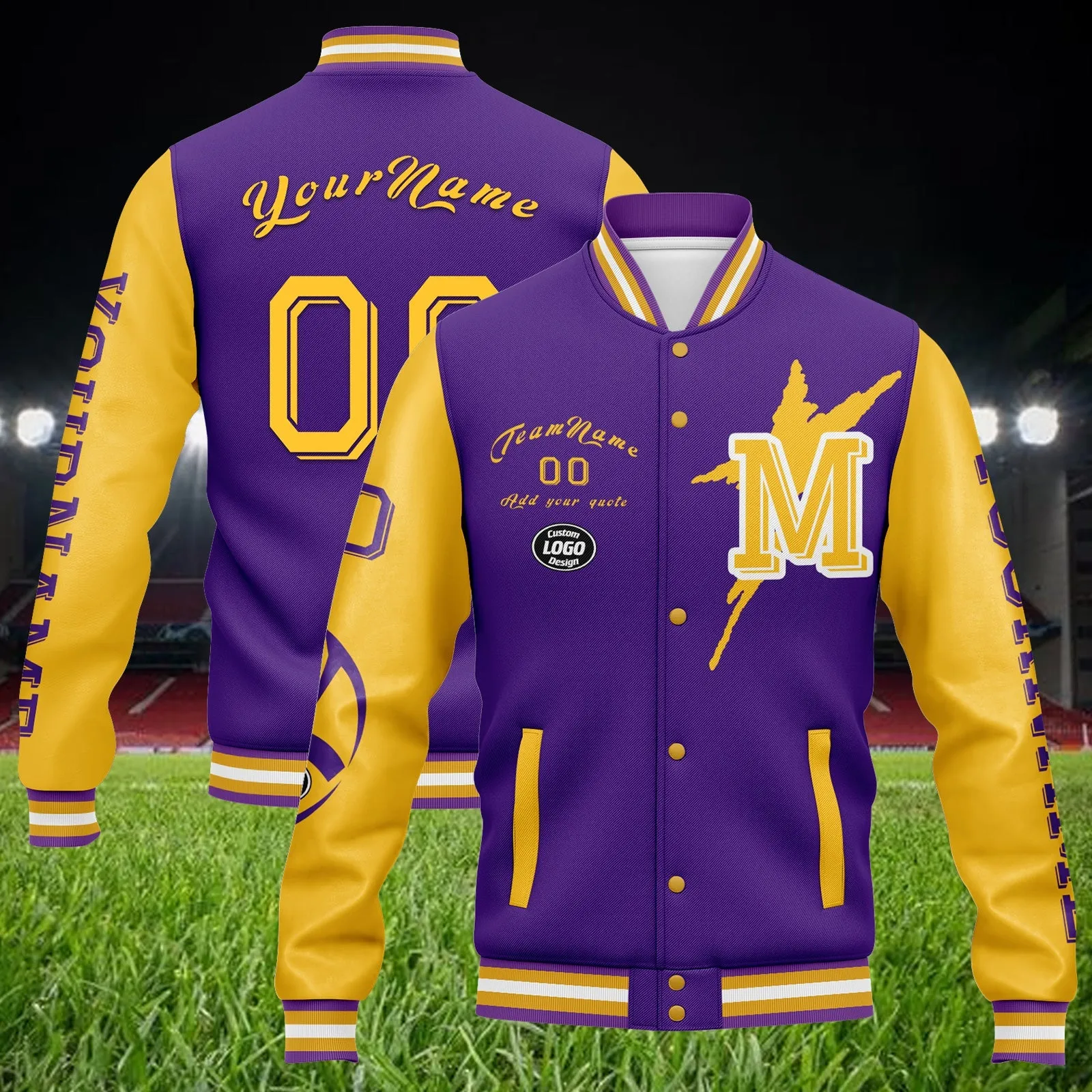 Custom Purple Yellow Minnesota Jacket Bomber Full-Snap Varsity Letterman Personalized Jacket FZ005SX-D020290-17