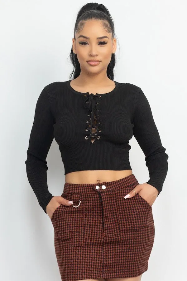 Eyelet Lace-Up Sweater Crop Top